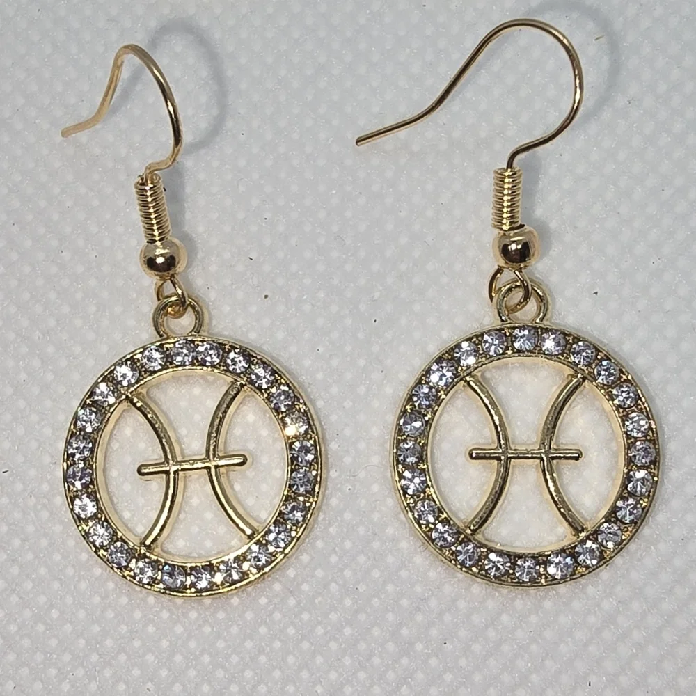 Zodiac Sign Hook Earrings! Hypo-Allergenic Handmade Gold Color with Cubic Zircon